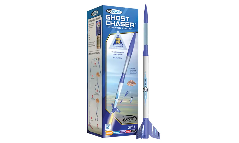Stavebnice modelu rakety Ghost Chaser - úroveň dovedností 1, 18mm montážní střídavý raketový motor-Estes
