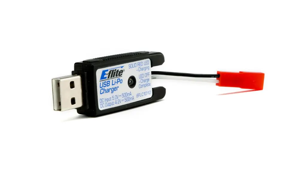 1S USB Li-Po charger - 500mA - JST: 180 QX HDO-EFLC1010 Lithium polymer charger, Other product options: USB Lipo charge - 500mA - JST model rocketry