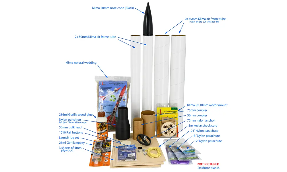Starter kit of bits - 50mm/75mm tube with 18mm motors - UK ROC (2024), 2 image model rocketry