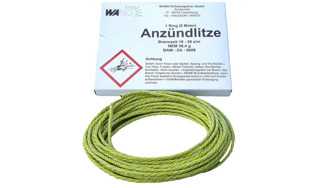 8m Ignition wire slow (yellow) 18-28 seconds/meter, Productopties: Ontstekingskabel geel (traag)