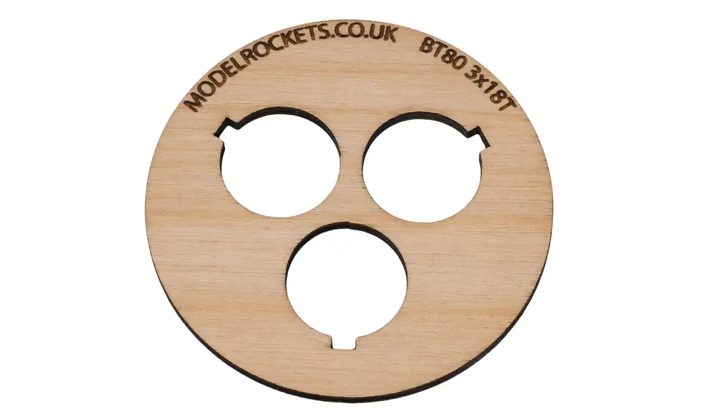 2x BT80 (65mm) 3x18mm centering ring with cut out for retaining hook (3mm plywood), Other product options: BT80 3x18mm (hook) model rocketry