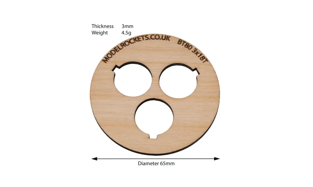 2x BT80 (65mm) 3x18mm centering ring with cut out for retaining hook (3mm plywood), Other product options: BT80 3x18mm (hook), 2 image model rocketry