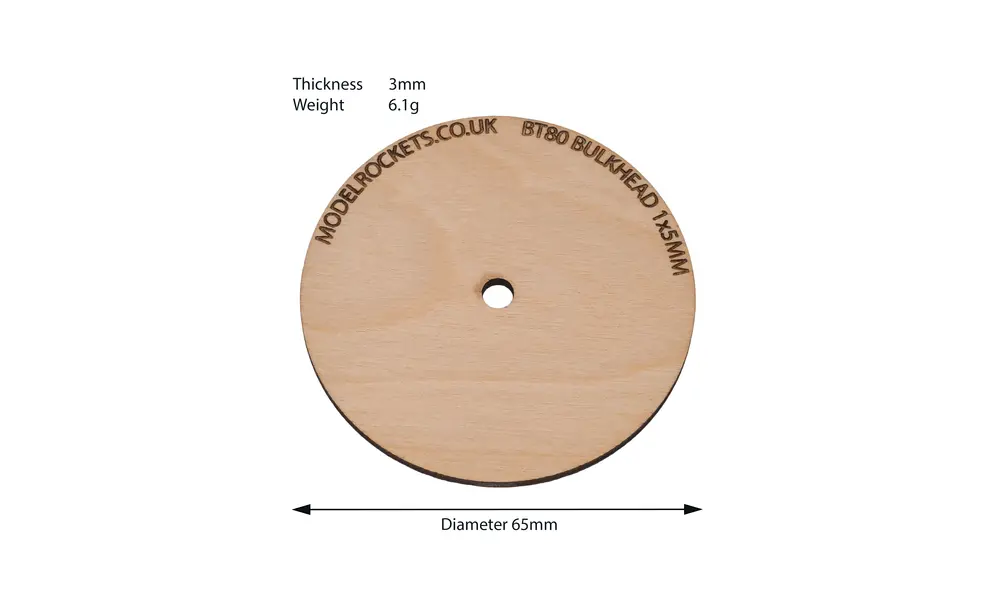 2x BT80 65mm bulkhead with 5mm centre hole (3mm plywood), Other product options: BT80 bulkhead 5mm centre hole, 2 image model rocketry