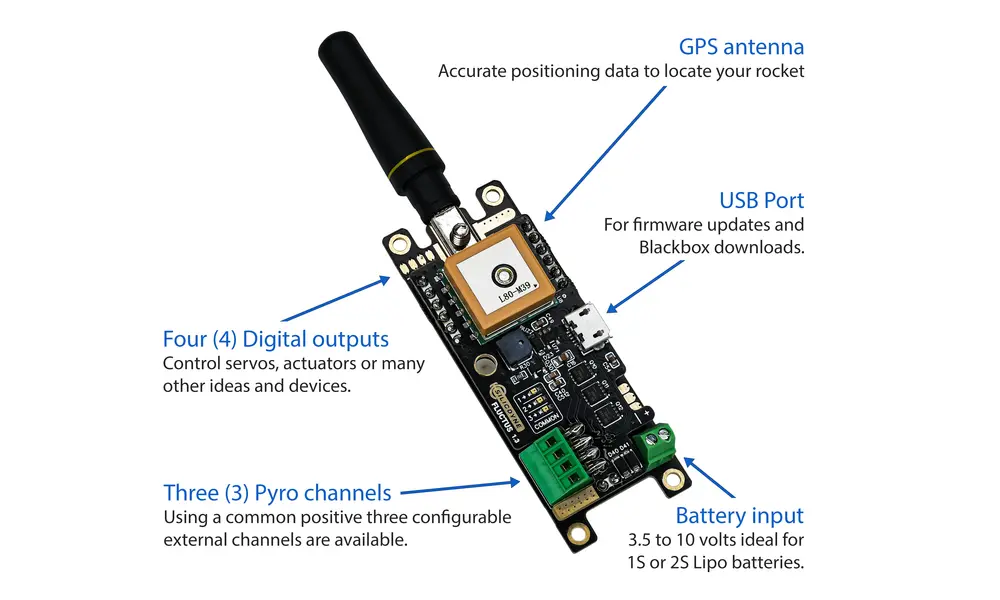 Fluctus & Steady Blue Flight computer & tracker bundle with ground station - 3 pyro channels, 4 digital outputs, 2 sensor inputs, servo option 868Mhz & 915MHz model rocket, Other product options: Fluctus Flight computer & Groundstation, 2 image model rocketry