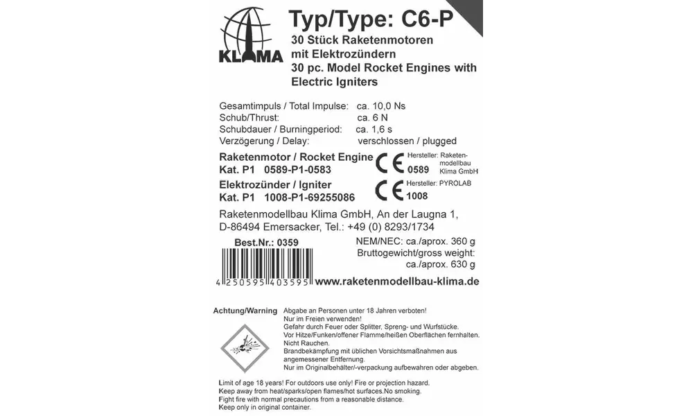 Klima C6-P Team pack včetně elektronických zapalovačů (30 kusů) raketových motorů motorů hromadně, 2 image