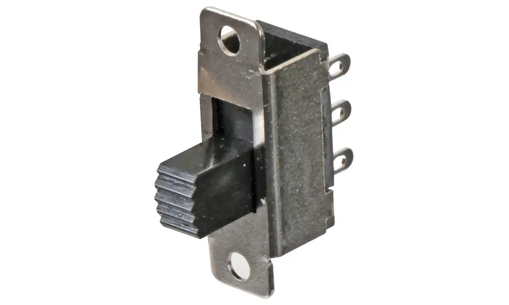 Miniaturní posuvný spínač pro montáž na panel, 50 V DC, 500 mA, DPDT