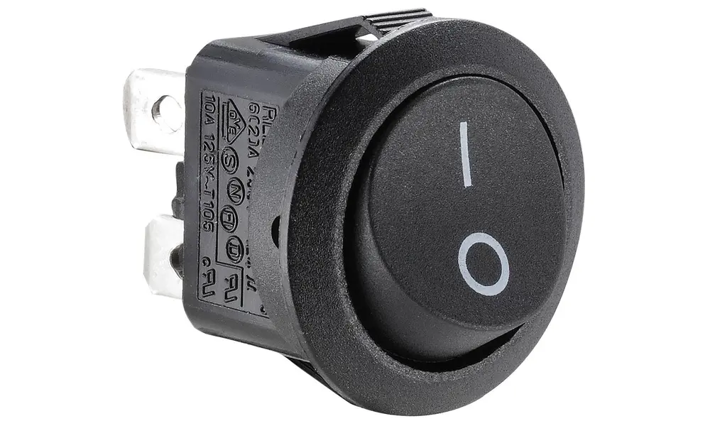 Rund vippebryter, av/på, DPST, I/O-merkinger, 250 V AC, 6 A model rocketry