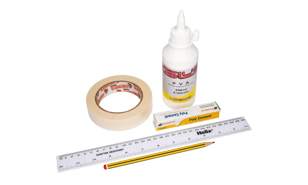 Rocket building supplies (set A) PVA glue, Masking tape, Plastic cement, Ruler & pencil model rocketry