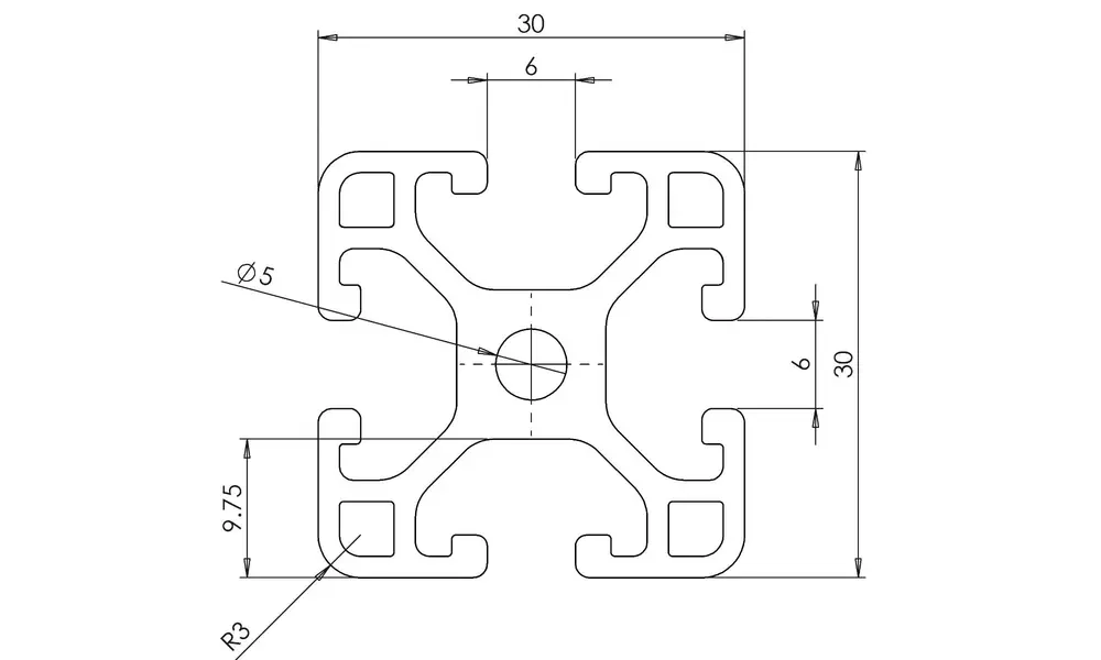 30mm (3030) Startschiene 1200mm lang (1,2m) Aluminiumschiene mit 6mm Schlitz (~1010) L IR Profil, Produktoptionen: 30mm rail - 6mm slot - 1200mm long, 3 image
