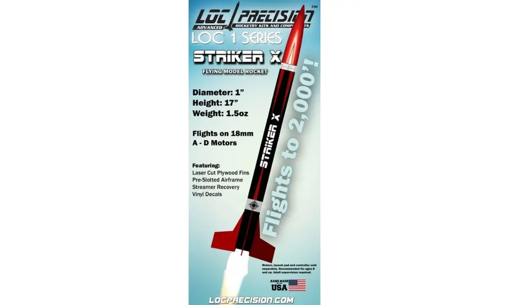 Kit de fusée modèle de précision Striker X 1" (25 mm) LOC Moteurs AD Support 18 mm Vole jusqu'à 2000 pieds, 2 image