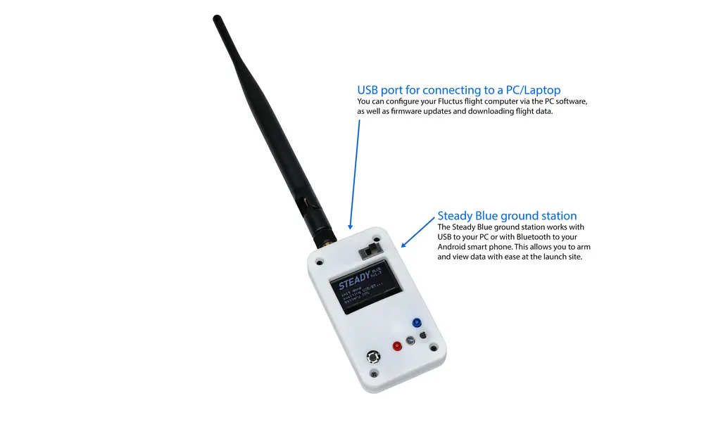 Tasainen sininen maa-asema Fluctus-seurantalaitteelle Bluetooth puhelinsovelluksella 868 MHz ja 915 MHz rakettimalli, Muita tuotevaihtoehtoja: Tasainen sininen maa-asema, 2 image model rocketry