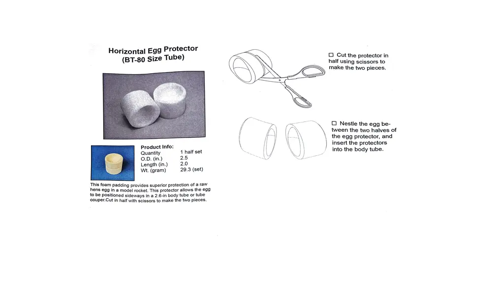 Foam single egg protector for BT-80 (2.5" ID) tube, horizontal UKROC, 3 image model rocketry