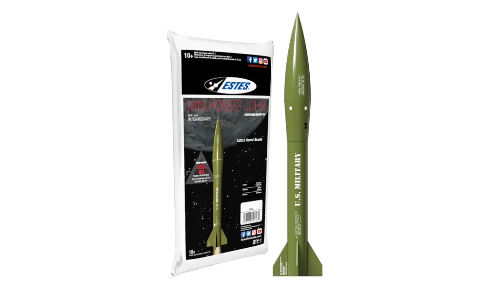 Mini Honest John rakettmodellsett - ferdighetsnivå 1,13 mm motorfeste, minimotorer model rocketry