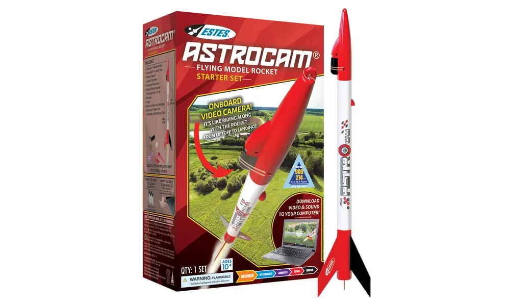 Estes Astrocam-Modellraketen-Starterset – 25-mm-Rakete mit Kamera, 18-mm-A-Motoren, flugbereit, Produktoptionen: Astrocam Rakete - Starterset