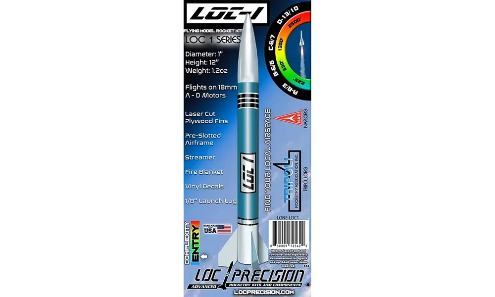 LOC 1 25 mm / 1" modelbouwraketset AD-motoren, duurzame raket op instapniveau met een 18 mm motorsteun.