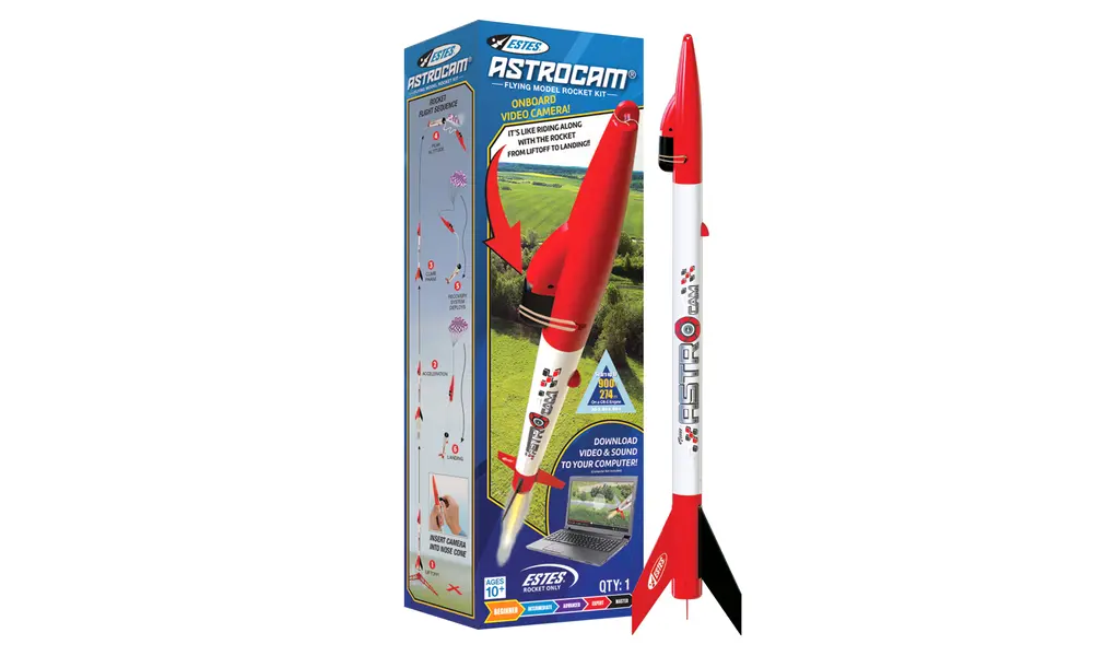 Model rakiety Estes Astrocam - rakieta 25 mm z kamerą, silniki AC 18 mm, gotowa do lotu, Opcje produktu: Rakieta astrokamerowa