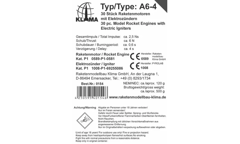 Klima A6-4 Teampaket inkl. elektronischer Zünder (30 Stück) Raketenmotoren Triebwerke Bulk, Produktoptionen: Klima Großpackung - A6-4 - 30 Stück, 3 image