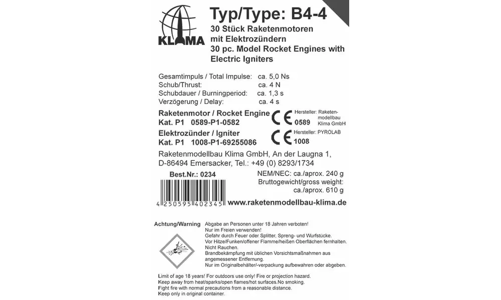 Týmový balíček Klima B4-4 včetně elektronických zapalovačů (30 kusů), raketové motory, motory ve velkém, Možnosti produktu: Klima hromadné balení - B4-4 - 30 bal, 2 image