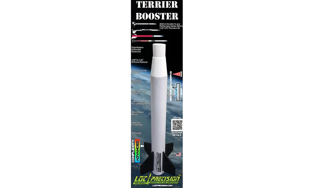 Terrier Booster, 3" booster kit for select 2.26" LOC rockets. Offers a 38mm mount for booster stage., 2 image model rocketry