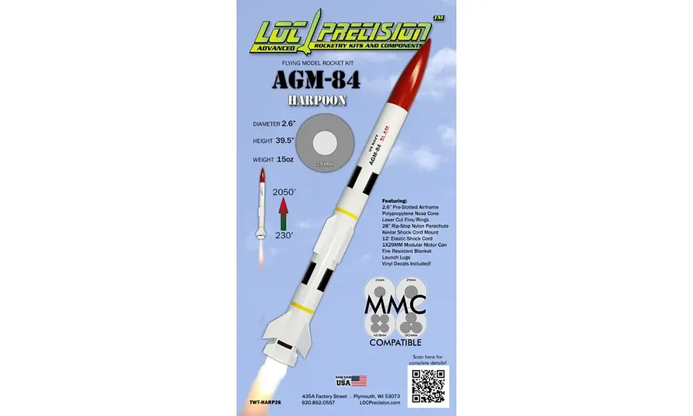 2.6" AGM-84 Harpoon model rocket kit, 29mm motors D to G size model rocketry