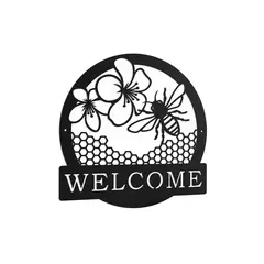 Bee with honeycomb and flowers welcome sign - Black, Antique copper, Antique silver, Gold vein or raw steel to go rusty