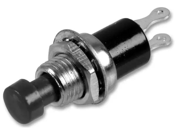 Miniaturní tlačítkový spínač, černý, aretační, SPST, vypnuto-zapnuto, 125V, 1A