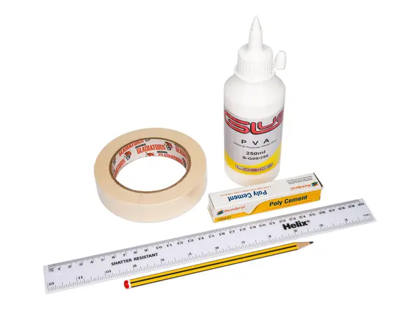 Rocket building supplies (set A) PVA glue, Masking tape, Plastic cement, Ruler & pencil model rocketry