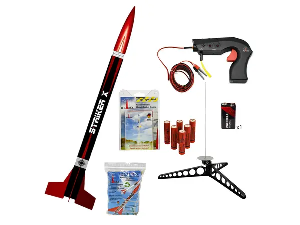 Kit de démarrage de fusée LOC Striker-X avec rampe de lancement, contrôleur, rembourrage, batterie et kit de 3 moteurs B6-4