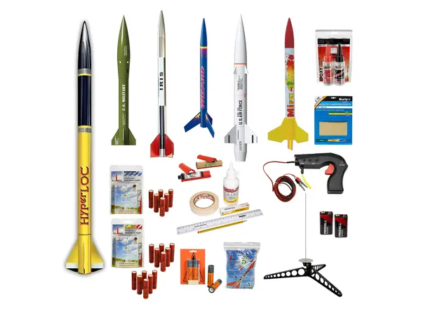 MEGA-Paket mit 6 Raketen, 20 Motoren und einer Startrampe, Controller, Baumaterialien und Zubehör