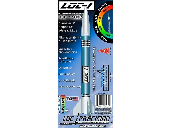 LOC 1 25 mm / 1" modelbouwraketset AD-motoren, duurzame raket op instapniveau met een 18 mm motorsteun.